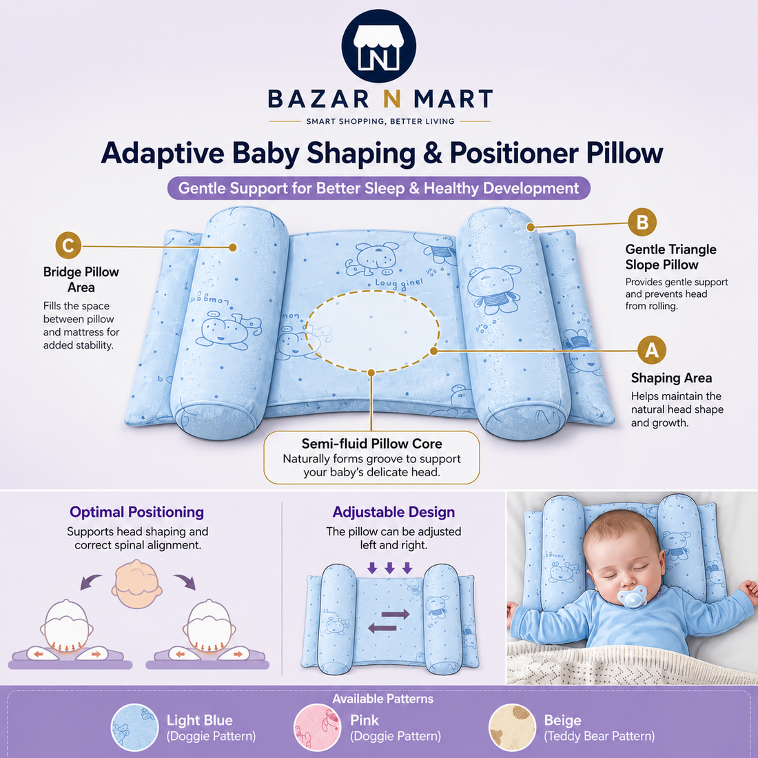 Premium Adjustable Baby Head Shaping Pillow Soft • Breathable • Anti-Flat Head • Adjustable Support