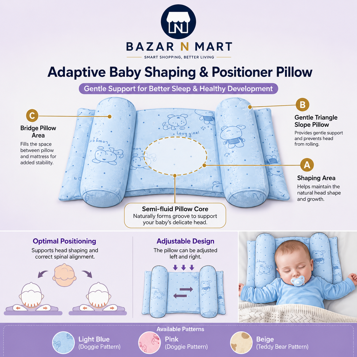 Premium Adjustable Baby Head Shaping Pillow Soft • Breathable • Anti-Flat Head • Adjustable Support