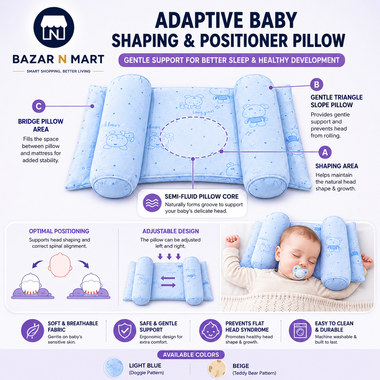 Premium Adjustable Baby Head Shaping Pillow Soft • Breathable • Anti-Flat Head • Adjustable Support