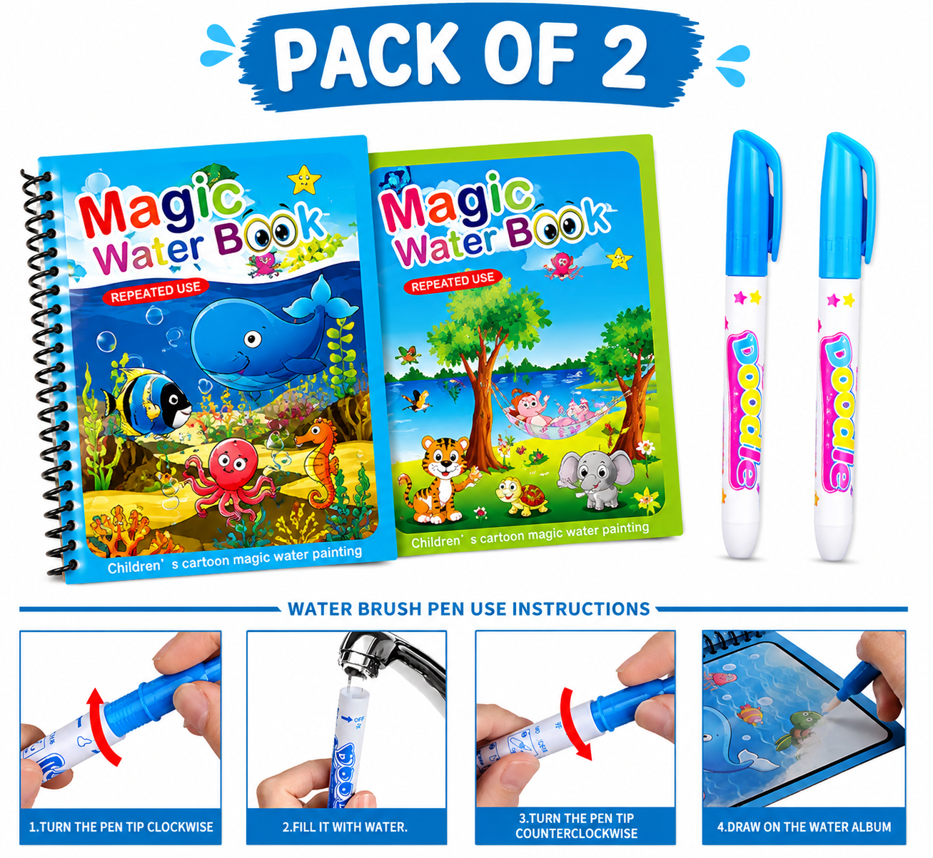 Magic Water Book Set (2 Different Books + 2 Water Pens)