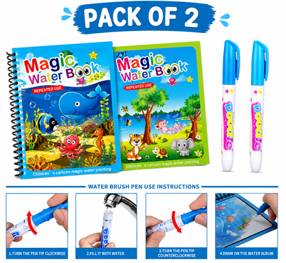 Magic Water Book Set (2 Different Books + 2 Water Pens)