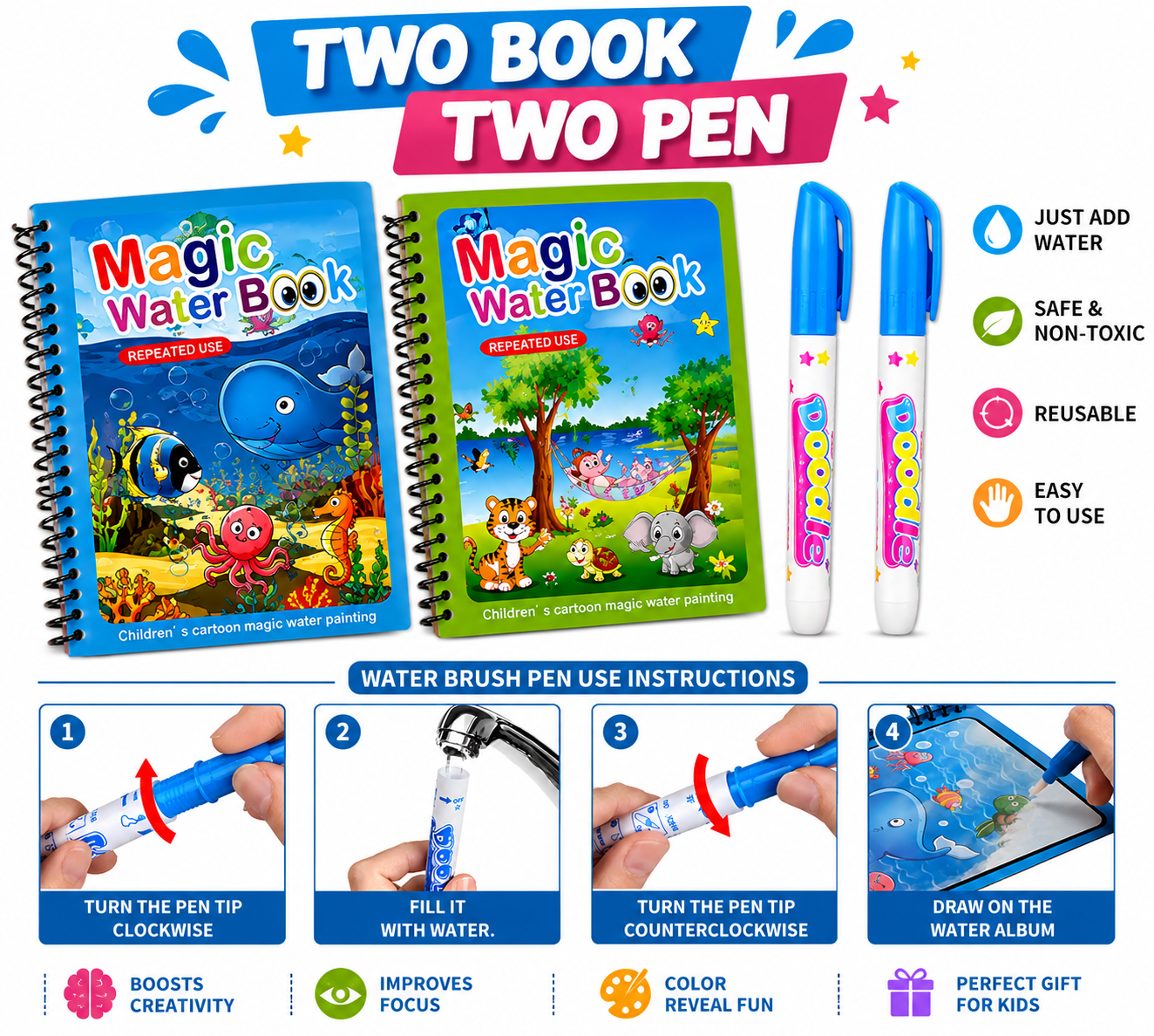 Magic Water Book Set (2 Different Books + 2 Water Pens)