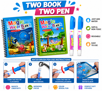 Magic Water Book Set (2 Different Books + 2 Water Pens)